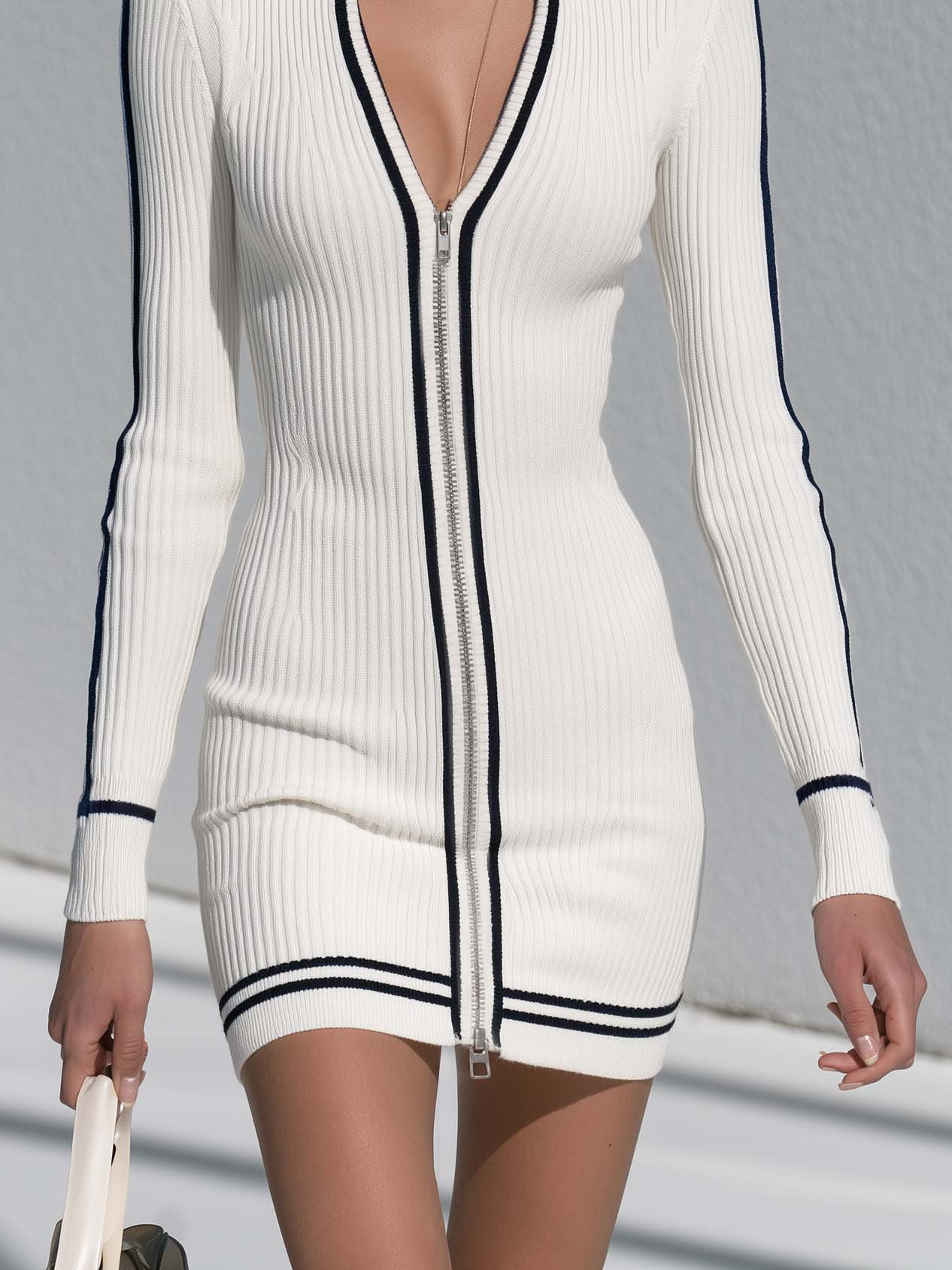 Sporty Chic White Ribbed Zip Front Cutout Knit Bodycon Mini Sweater Dress