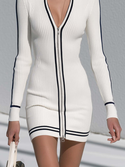 Sporty Chic White Ribbed Zip Front Cutout Knit Bodycon Mini Sweater Dress
