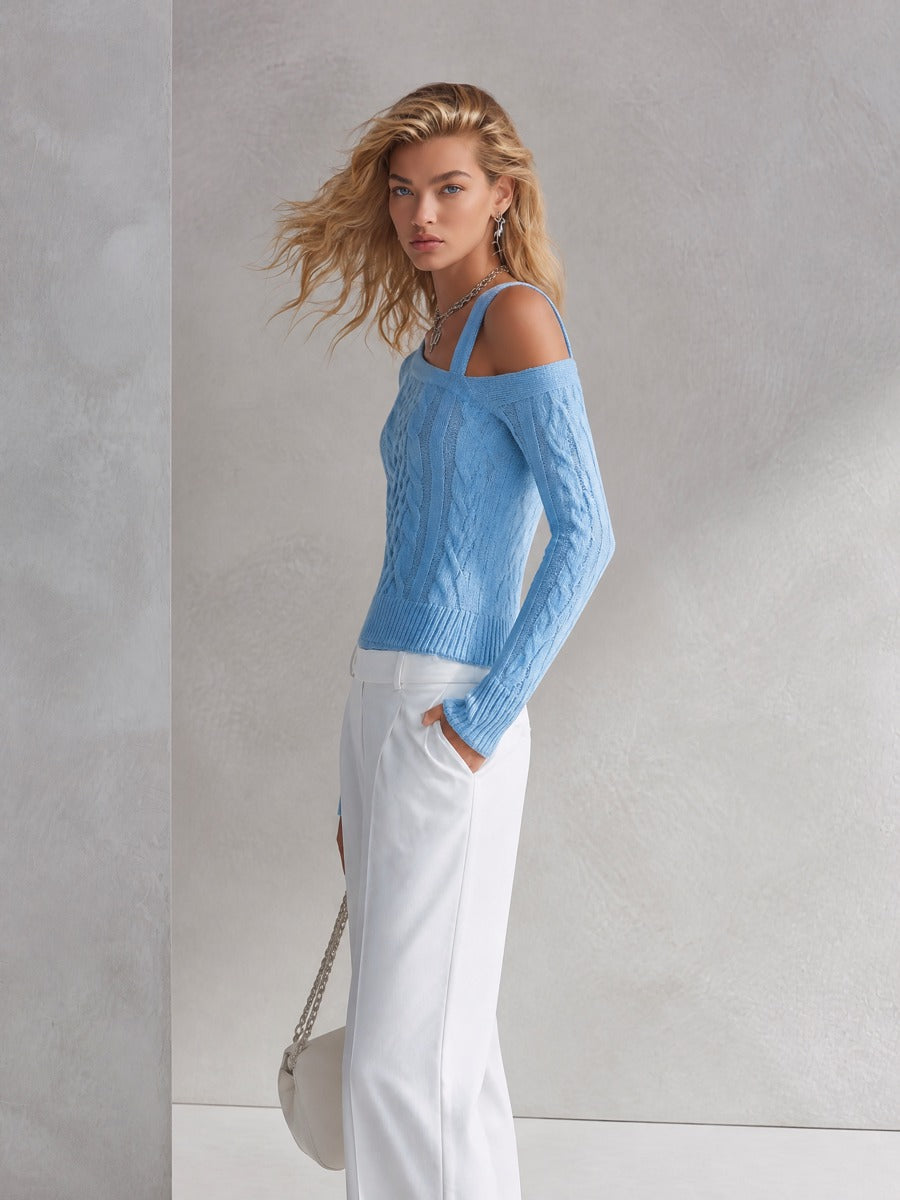 Asymmetric Cold Shoulder Cable Knit Sweater