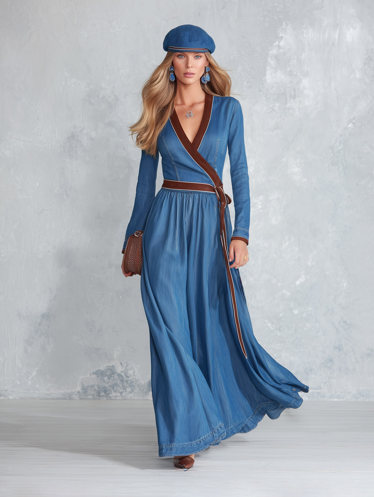 Elegant Urban Velvet-Trimmed Blue Denim V-Neck Maxi Dress