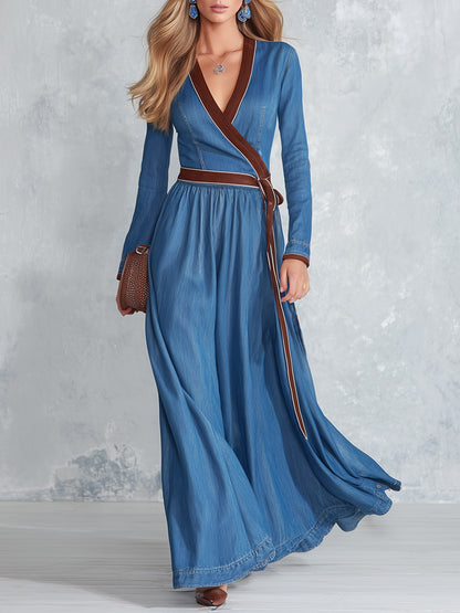 Elegant Urban Velvet-Trimmed Blue Denim V-Neck Maxi Dress