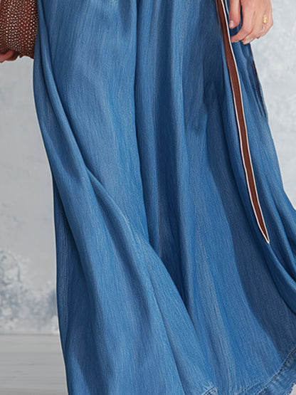 Elegant Urban Velvet-Trimmed Blue Denim V-Neck Maxi Dress