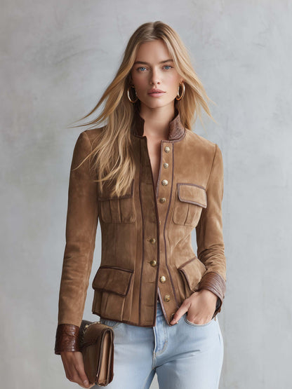 Equestrian Tan Faux Suede Jacket Women Croc Trim Gold Button Fitted Coat