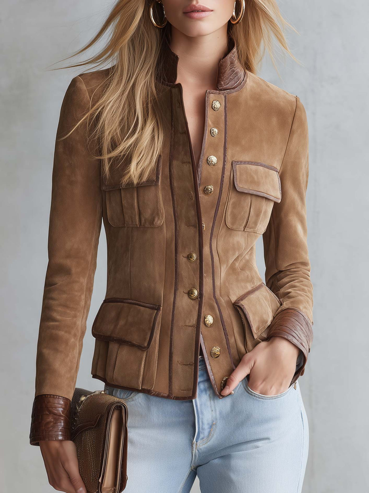 Equestrian Tan Faux Suede Jacket Women Croc Trim Gold Button Fitted Coat