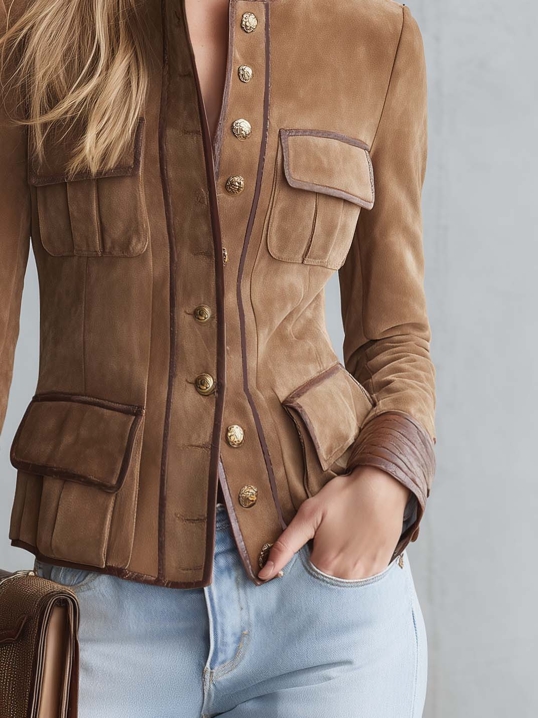 Equestrian Tan Faux Suede Jacket Women Croc Trim Gold Button Fitted Coat