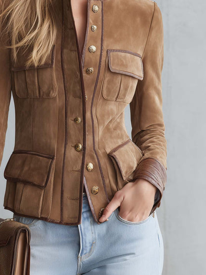 Equestrian Tan Faux Suede Jacket Women Croc Trim Gold Button Fitted Coat