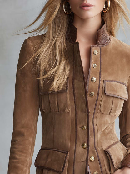 Equestrian Tan Faux Suede Jacket Women Croc Trim Gold Button Fitted Coat