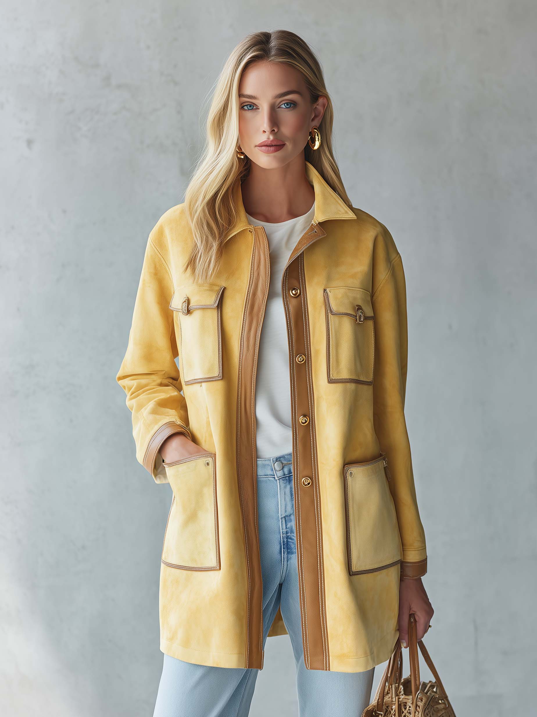 Vintage Butter Yellow Suede Barn Jacket Women Contrast PU Trim Pocket Coat