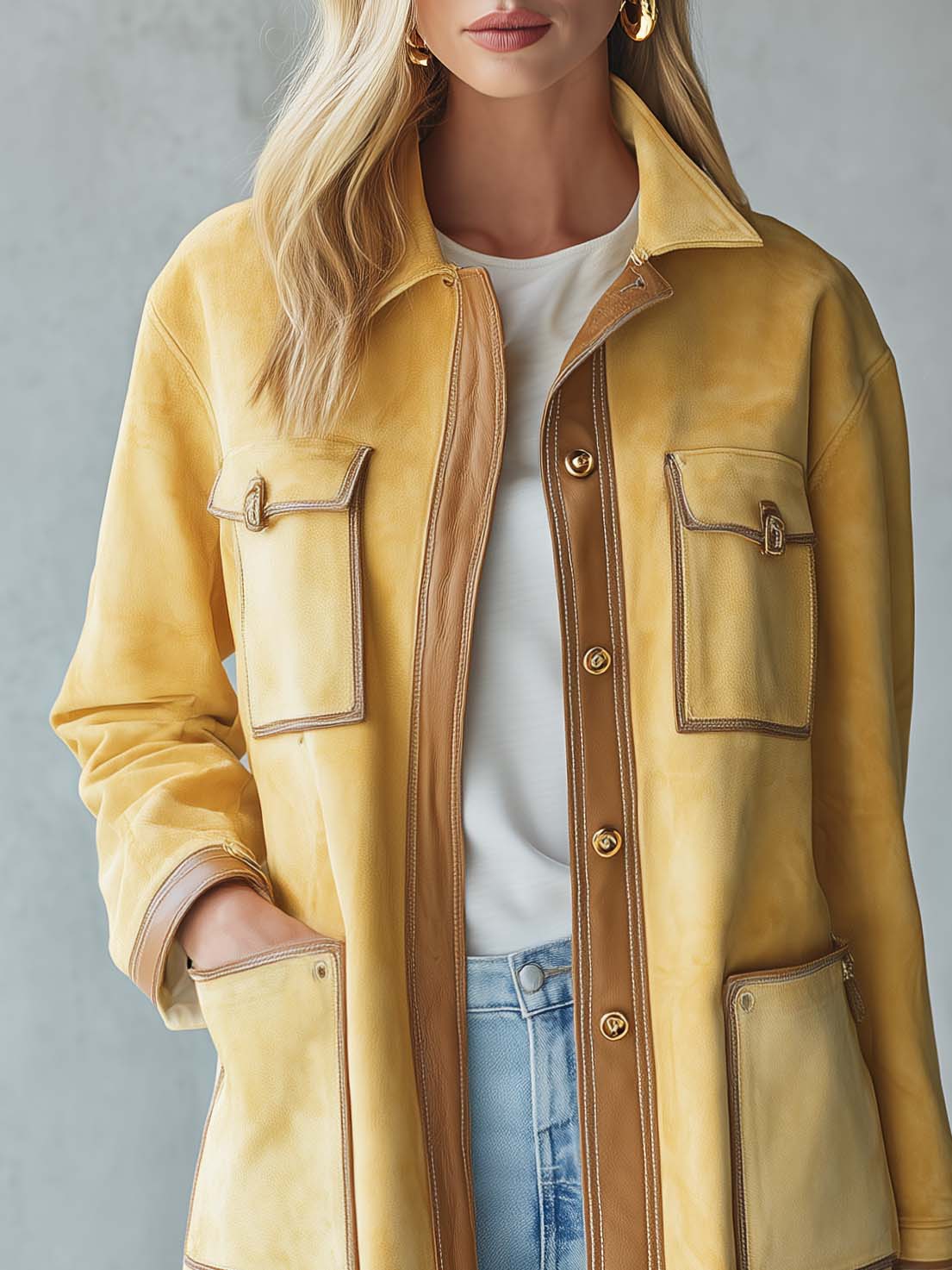 Vintage Butter Yellow Suede Barn Jacket Women Contrast PU Trim Pocket Coat