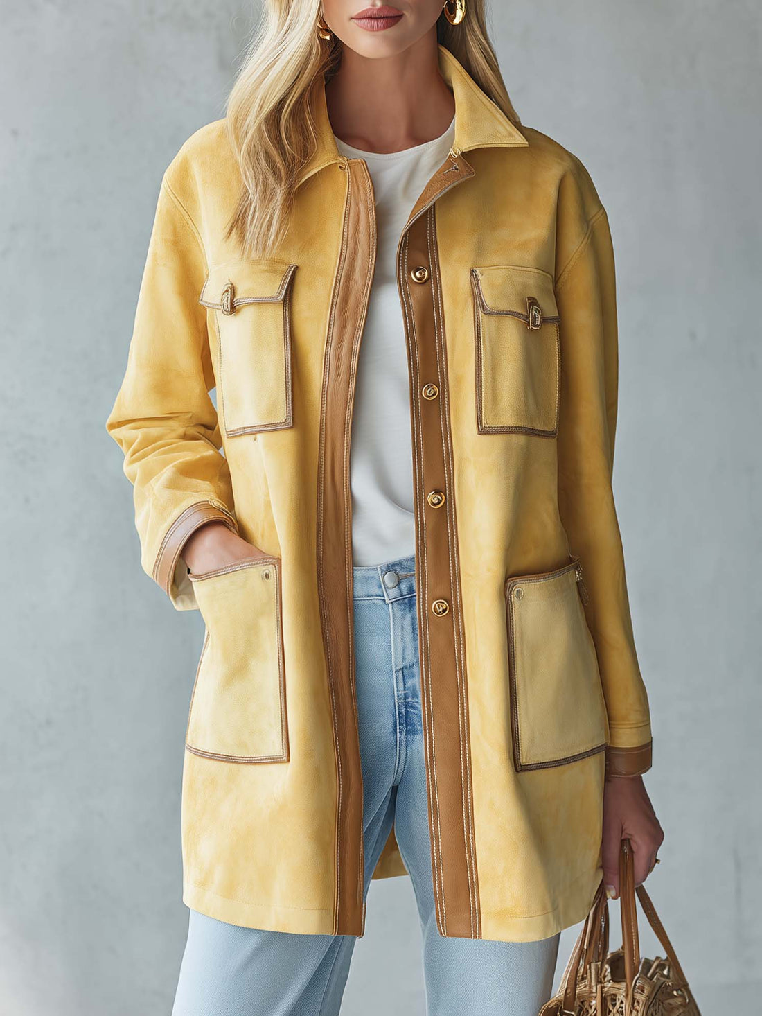 Vintage Butter Yellow Suede Barn Jacket Women Contrast PU Trim Pocket Coat