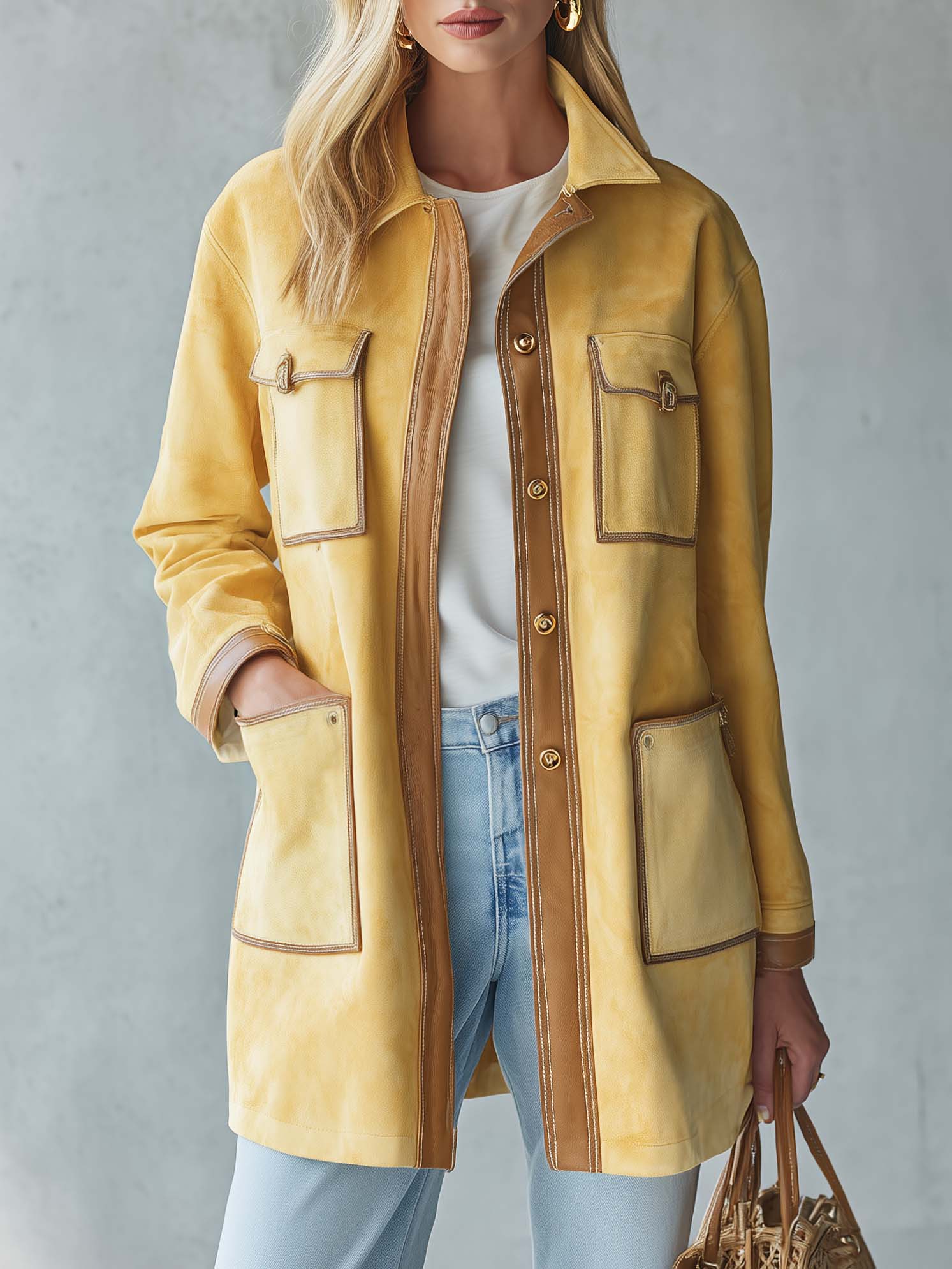 Vintage Butter Yellow Suede Barn Jacket Women Contrast PU Trim Pocket Coat