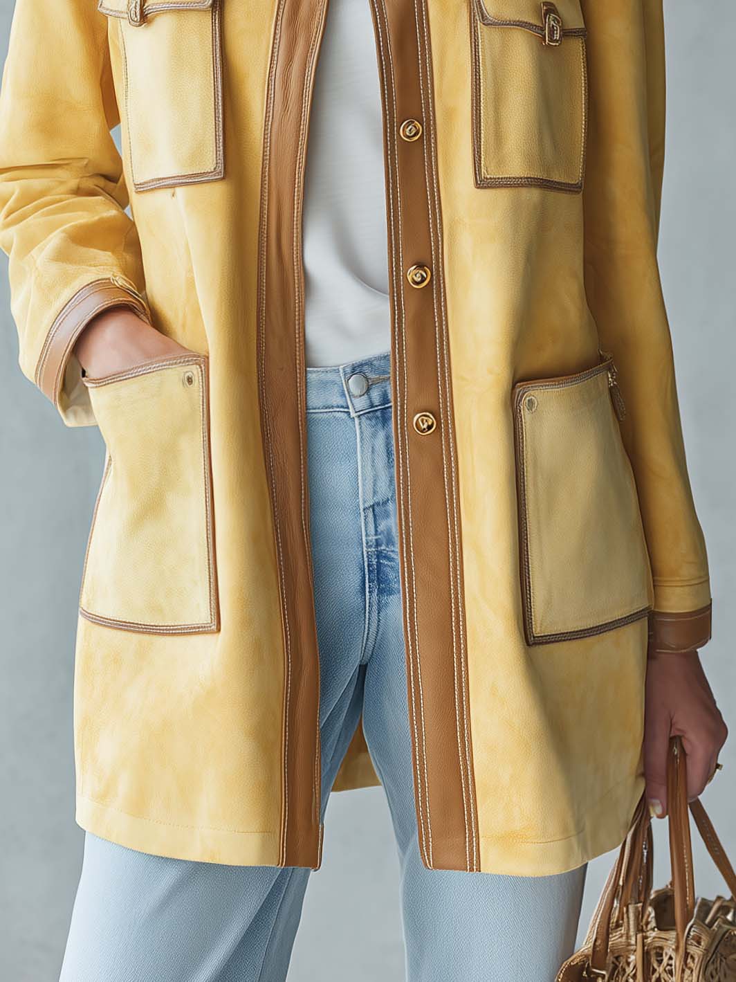Vintage Butter Yellow Suede Barn Jacket Women Contrast PU Trim Pocket Coat