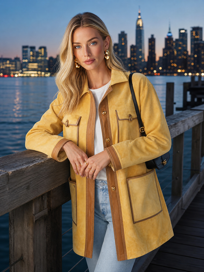 Vintage Butter Yellow Suede Barn Jacket Women Contrast PU Trim Pocket Coat