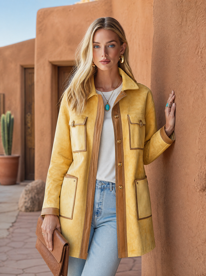 Vintage Butter Yellow Suede Barn Jacket Women Contrast PU Trim Pocket Coat