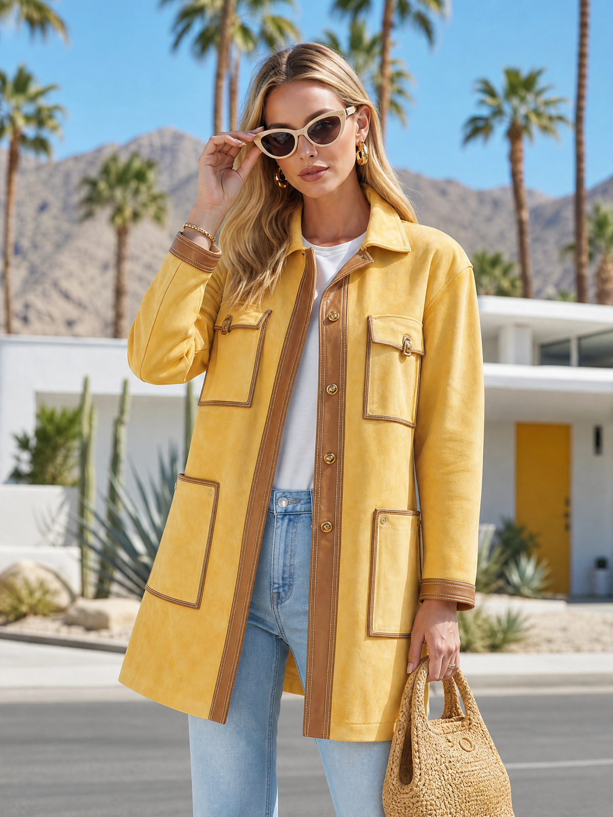 Vintage Butter Yellow Suede Barn Jacket Women Contrast PU Trim Pocket Coat