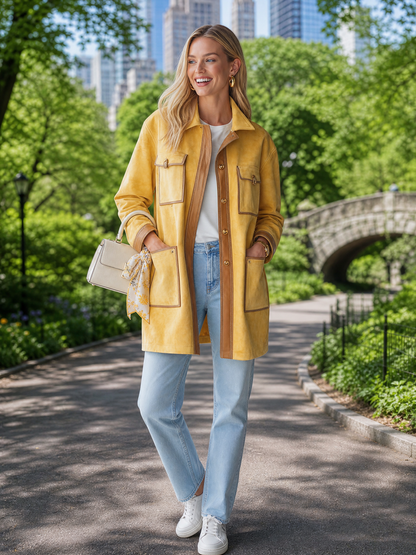 Vintage Butter Yellow Suede Barn Jacket Women Contrast PU Trim Pocket Coat