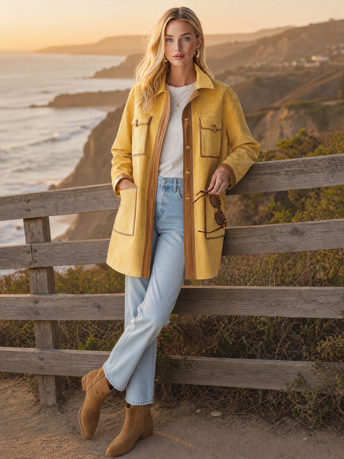 Vintage Butter Yellow Suede Barn Jacket Women Contrast PU Trim Pocket Coat