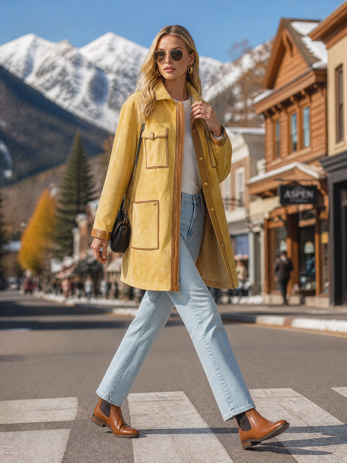 Vintage Butter Yellow Suede Barn Jacket Women Contrast PU Trim Pocket Coat