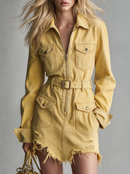 Western Retro Yellow Collared Zip-up Belt Denim Mini Dress