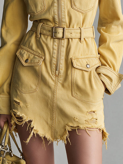 Western Retro Yellow Collared Zip-up Belt Denim Mini Dress