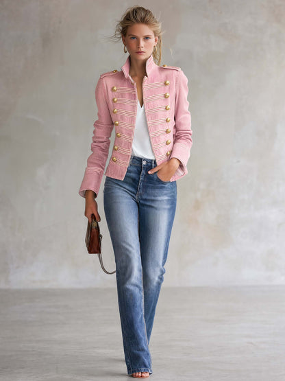 Vintage Military Pink Denim Band Jacket Women Gold Button Cropped Fall Coat