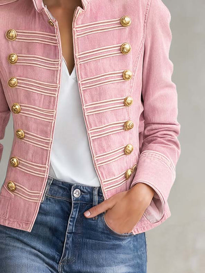 Vintage Military Pink Denim Band Jacket Women Gold Button Cropped Fall Coat