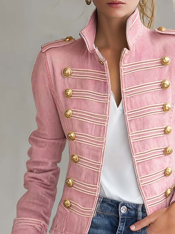 Vintage Military Pink Denim Band Jacket Women Gold Button Cropped Fall Coat