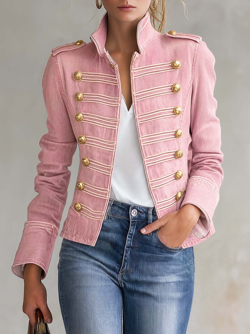 Vintage Military Pink Denim Band Jacket Women Gold Button Cropped Fall Coat