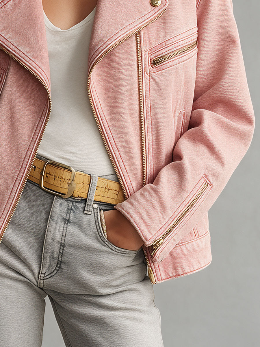 Retro Pink Collared Zip-up Denim Jacket