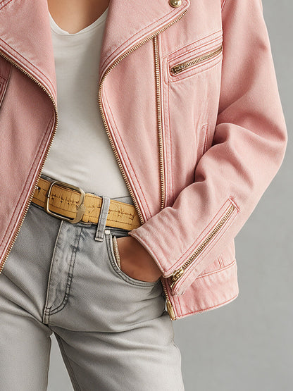 Retro Pink Collared Zip-up Denim Jacket