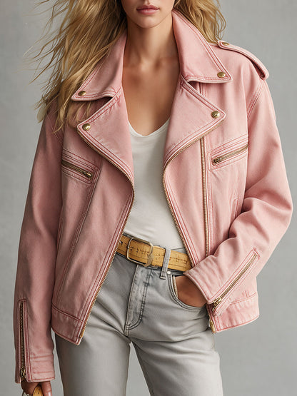 Retro Pink Collared Zip-up Denim Jacket