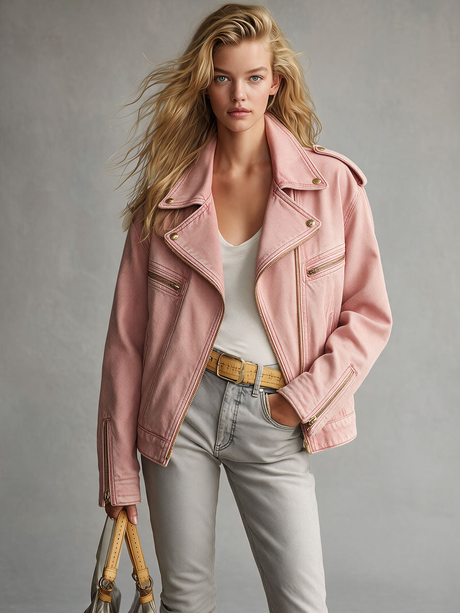 Retro Pink Collared Zip-up Denim Jacket