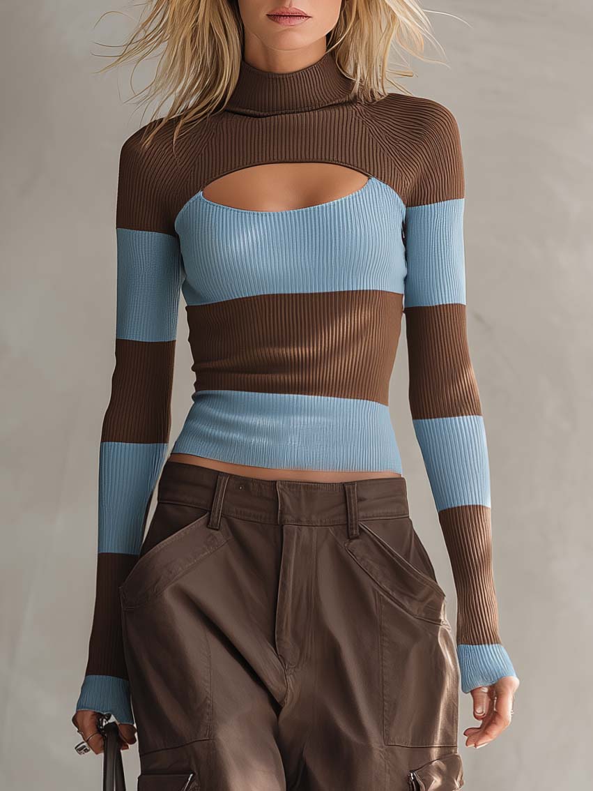 Y2K Retro Striped Cutout Turtleneck Knit Top &amp; Cargo Pants Two Piece Set