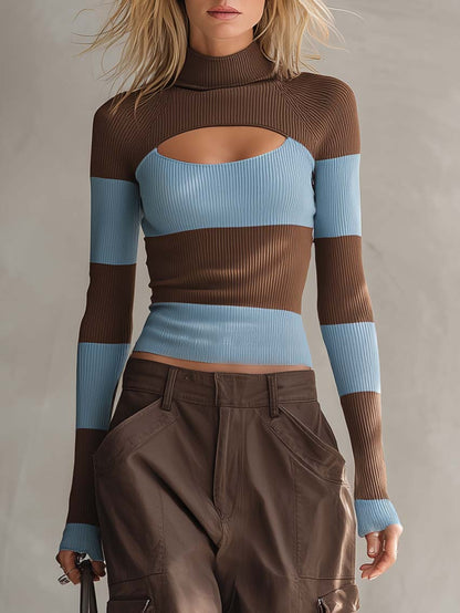 Y2K Retro Striped Cutout Turtleneck Knit Top &amp; Cargo Pants Two Piece Set