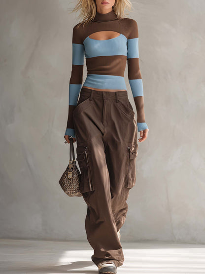 Y2K Retro Striped Cutout Turtleneck Knit Top &amp; Cargo Pants Two Piece Set