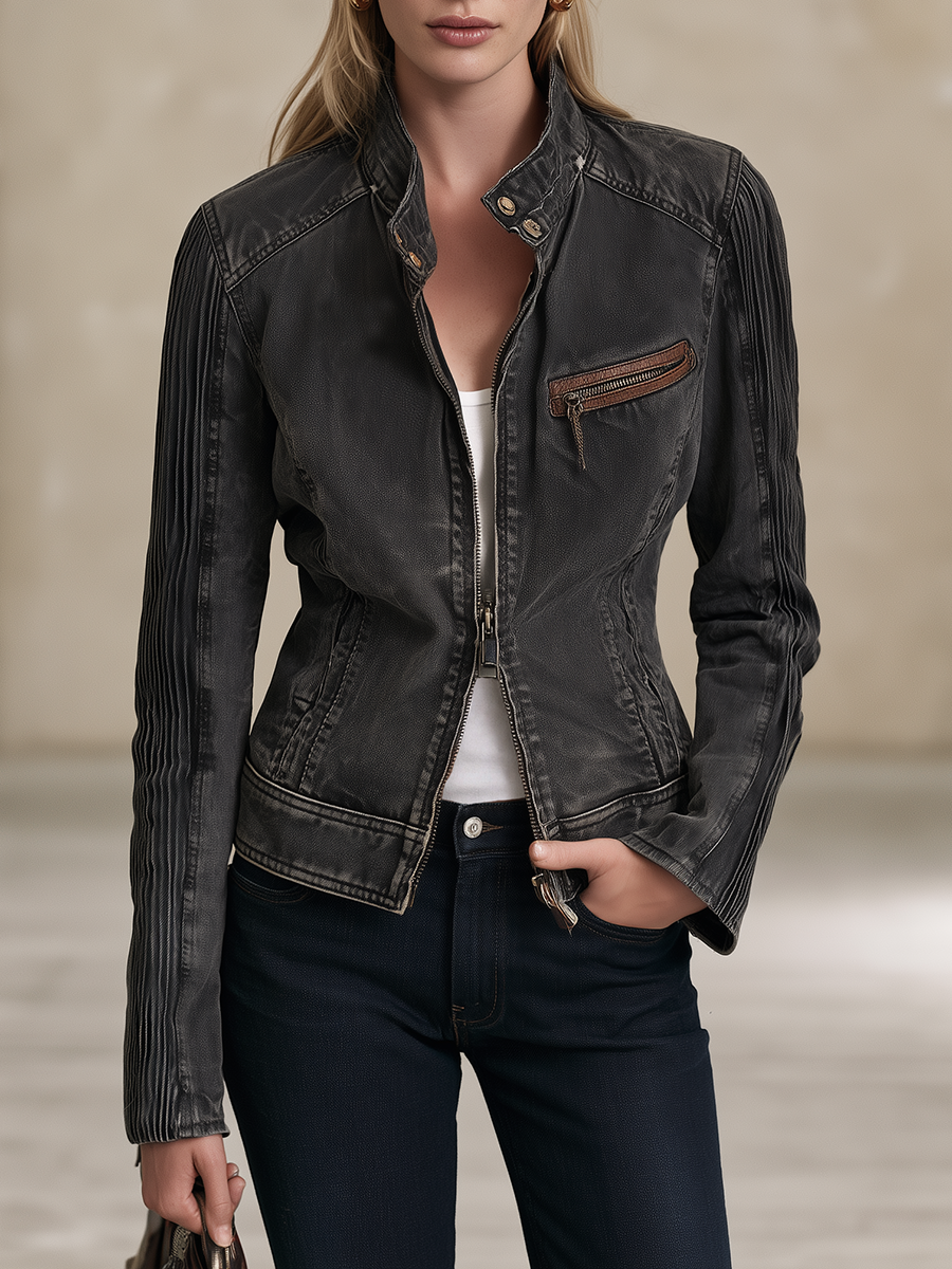 Women’s Vintage Black Grey Washed Denim Moto Jacket