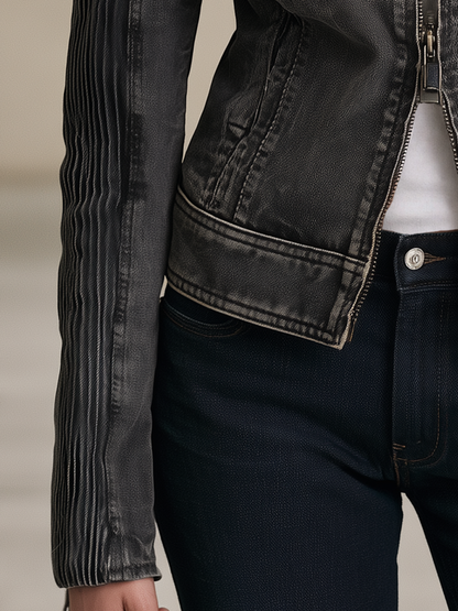 Women’s Vintage Black Grey Washed Denim Moto Jacket