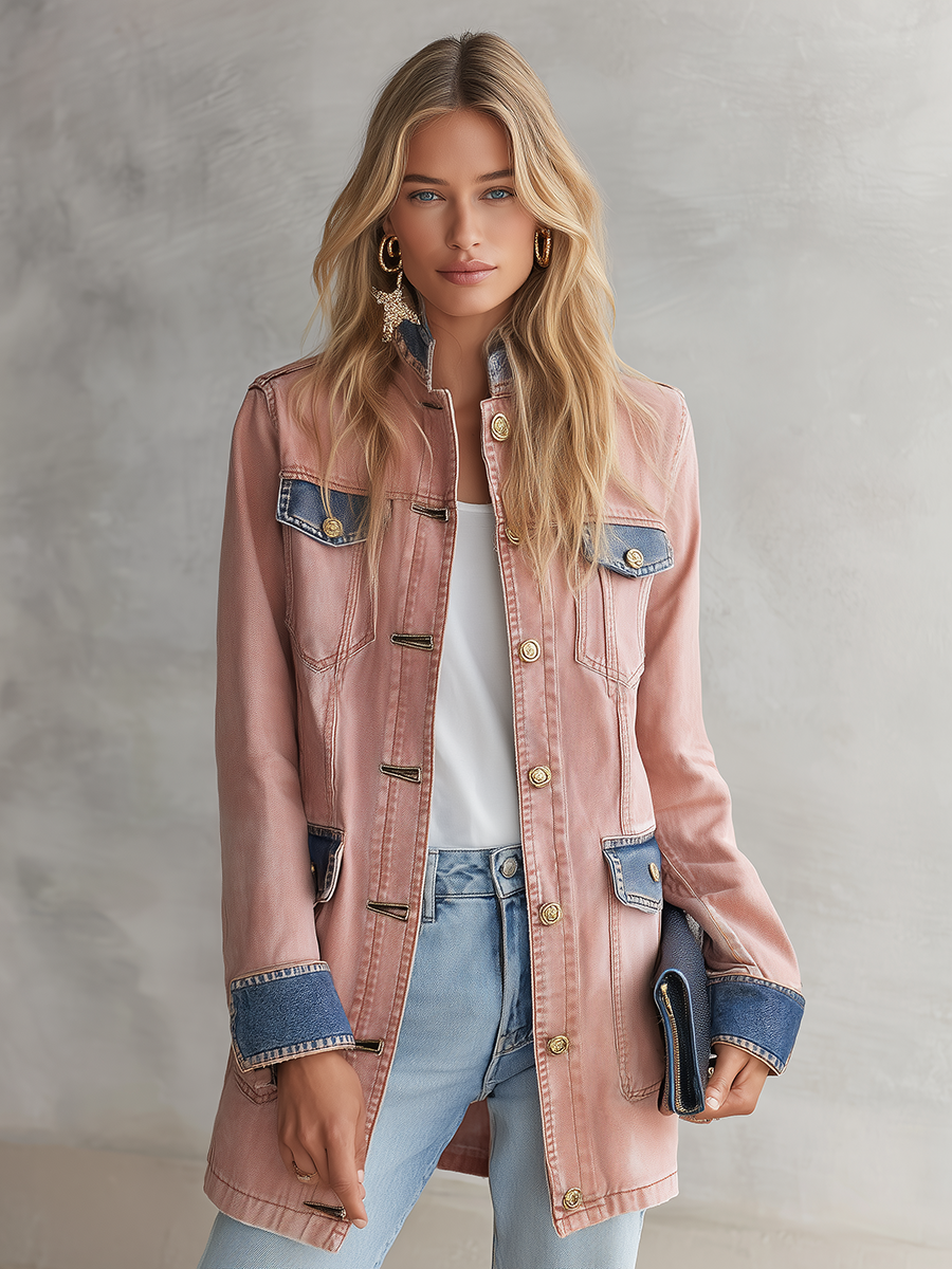 Women’s Blush Pink Denim Military Jacket With Contrast Blue Trim