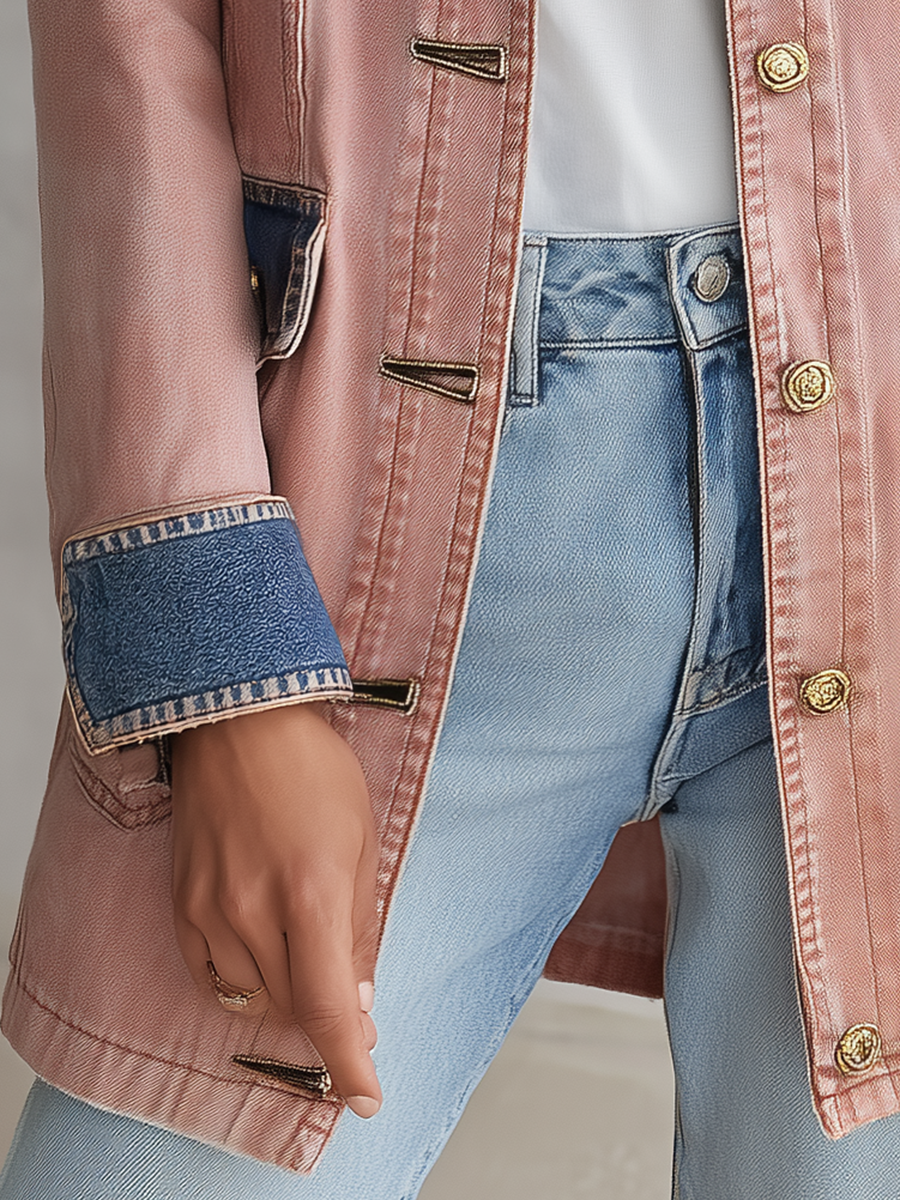Women’s Blush Pink Denim Military Jacket With Contrast Blue Trim