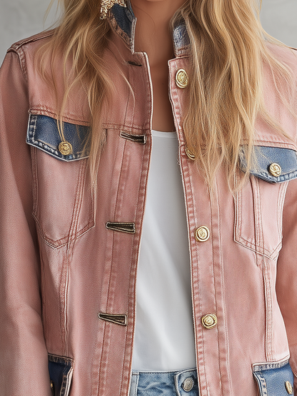 Women’s Blush Pink Denim Military Jacket With Contrast Blue Trim