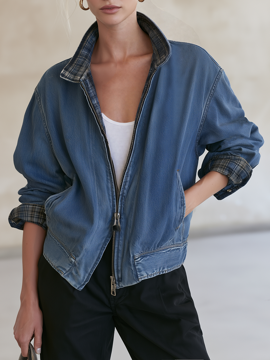 Women’s Vintage Wash Denim Bomber Jacket With Plaid Collar