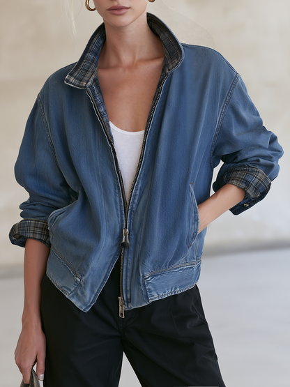 Women’s Vintage Wash Denim Bomber Jacket With Plaid Collar