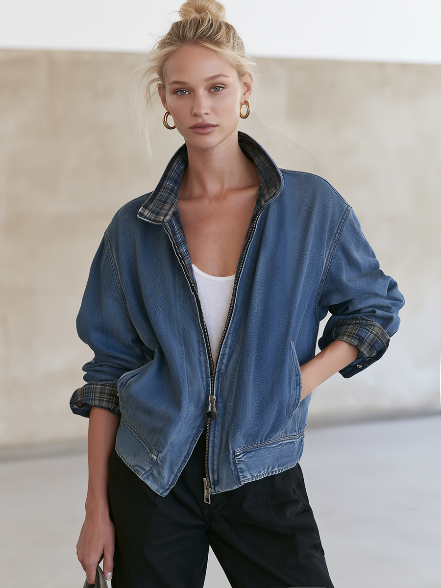 Women’s Vintage Wash Denim Bomber Jacket With Plaid Collar