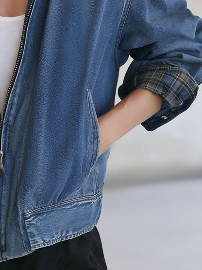 Women’s Vintage Wash Denim Bomber Jacket With Plaid Collar