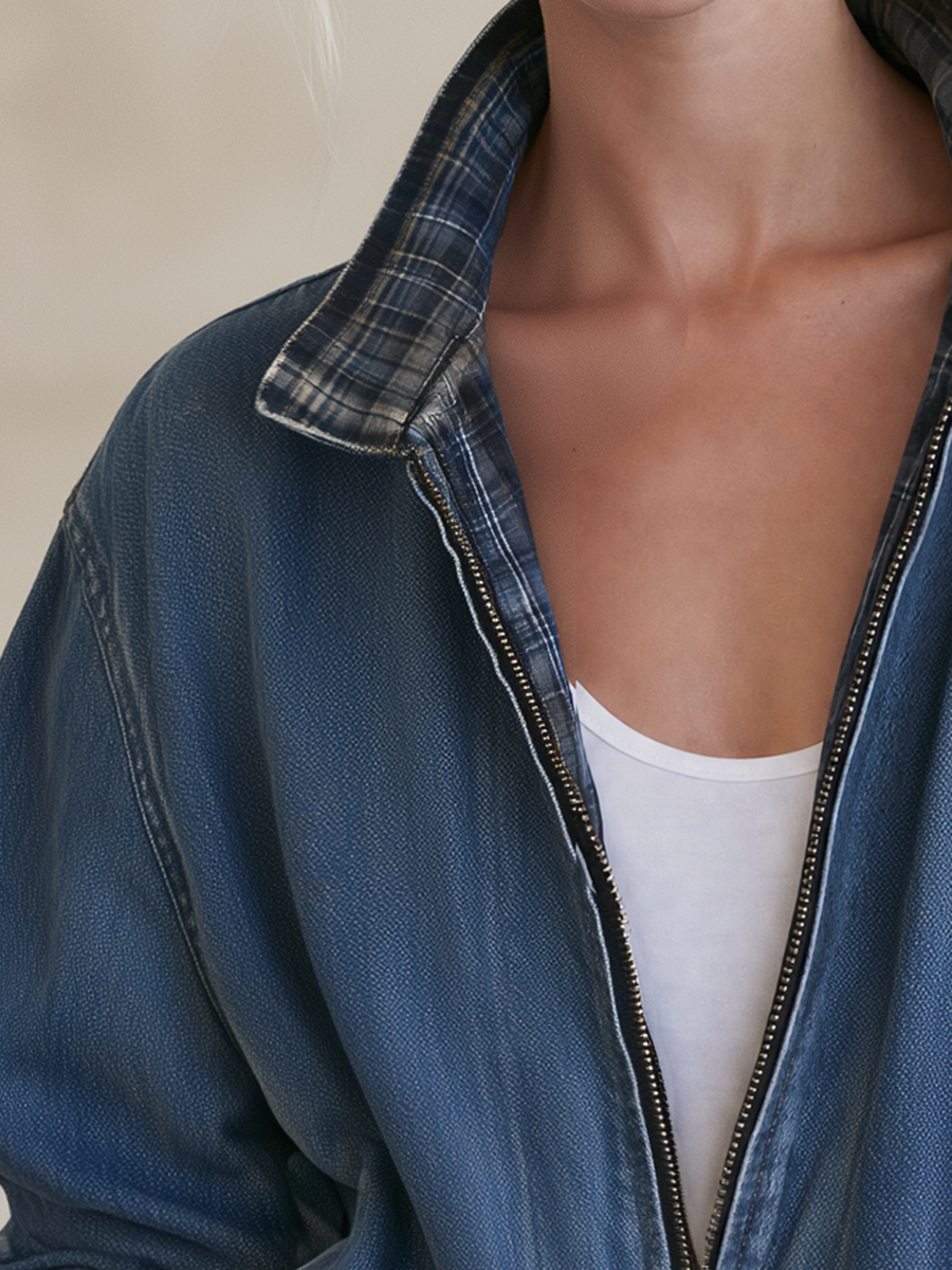 Women’s Vintage Wash Denim Bomber Jacket With Plaid Collar