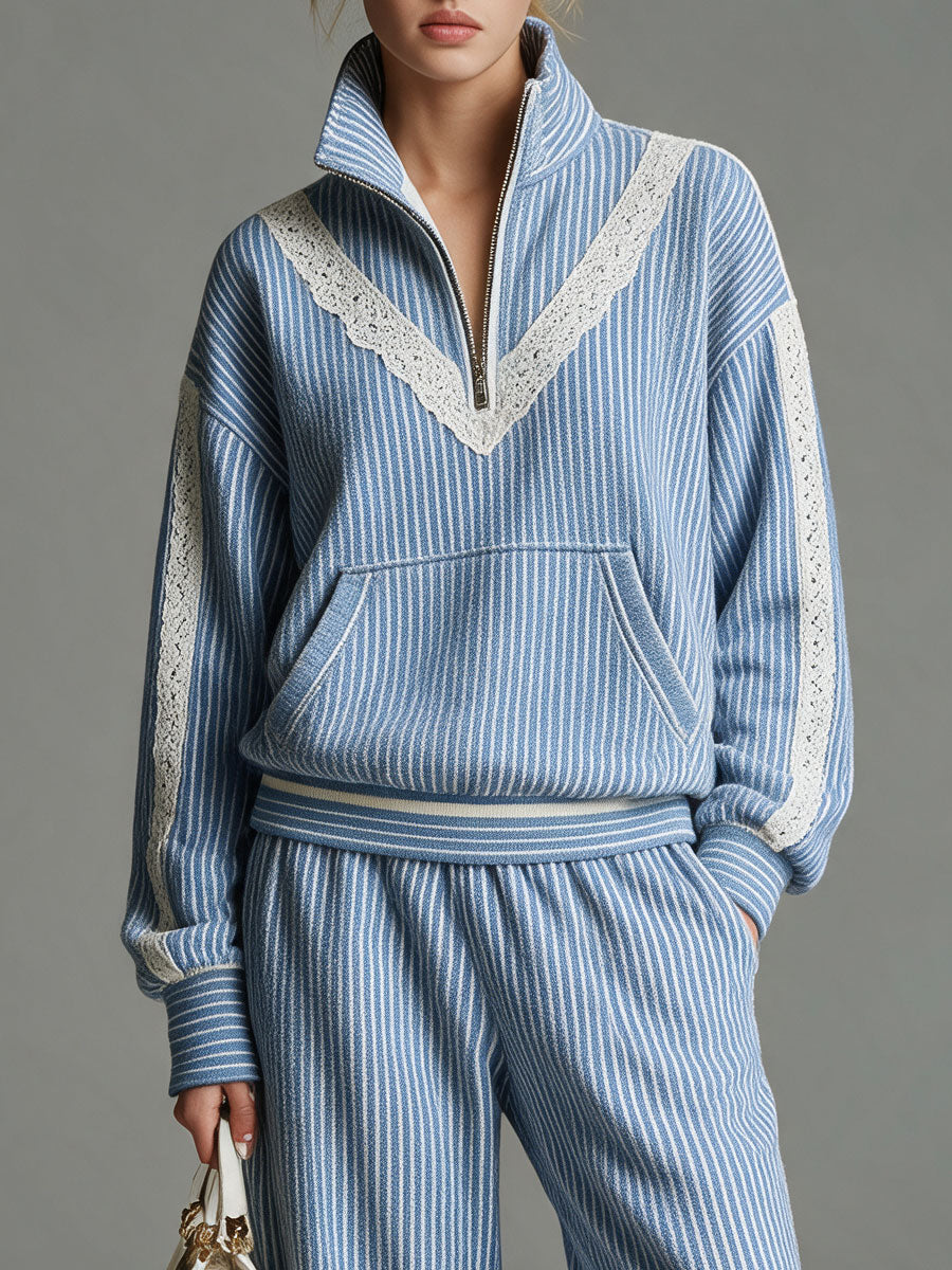 Casual Retro Lace-trimmed Blue Striped Stand-collar Sweatshirt And Pants Set
