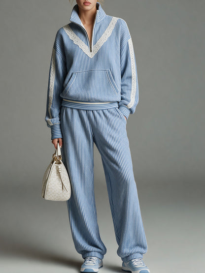 Casual Retro Lace-trimmed Blue Striped Stand-collar Sweatshirt And Pants Set