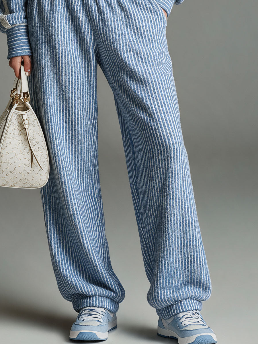 Casual Retro Lace-trimmed Blue Striped Stand-collar Sweatshirt And Pants Set