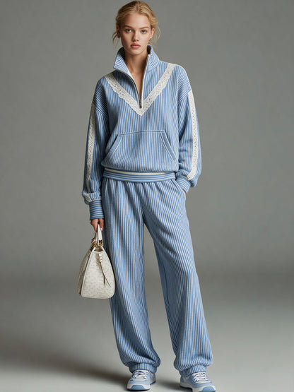 Casual Retro Lace-trimmed Blue Striped Stand-collar Sweatshirt And Pants Set