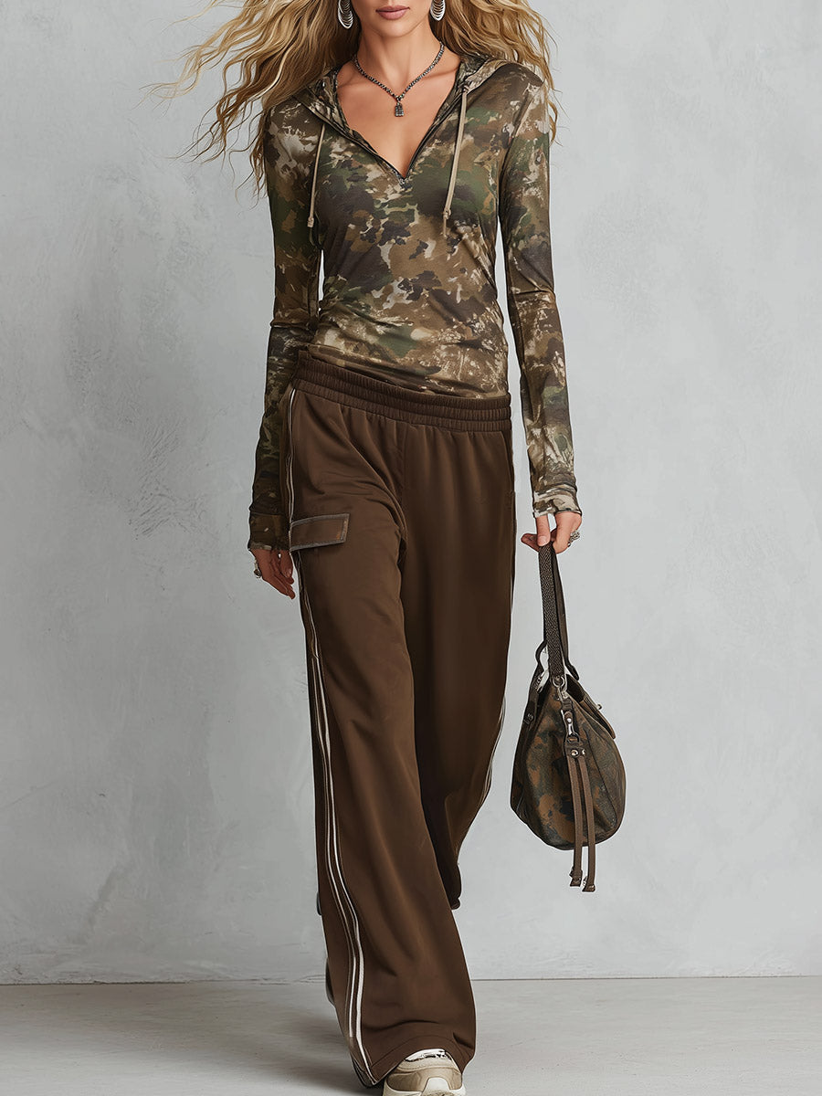 Retro Casual Brown Camouflage Long-Sleeve Hoodie And Jogger Sweatpants Set
